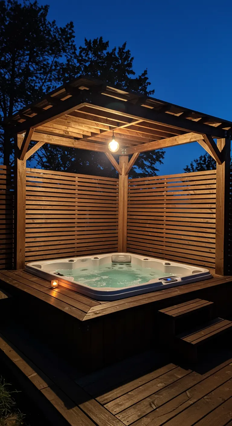A hot tub nestled under a wooden pergola with privacy screens on the sides, illuminated at night.