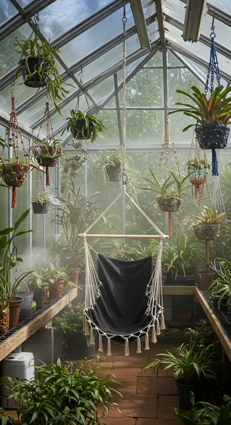 A black hammock chair hanging in a misty greenhouse filled with lush tropical plants.