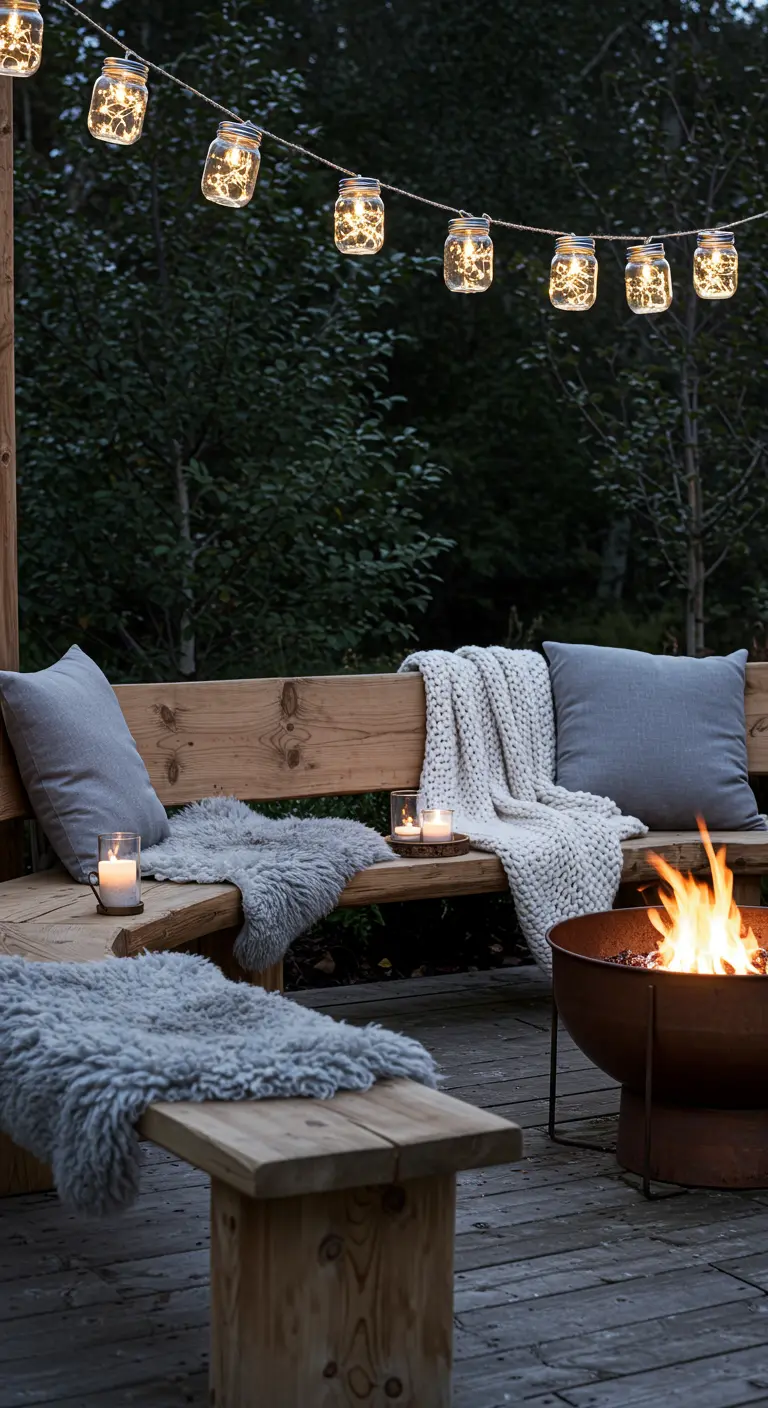 A wooden deck with a fire pit, benches layered with grey pillows, throws, and sheepskin rugs.