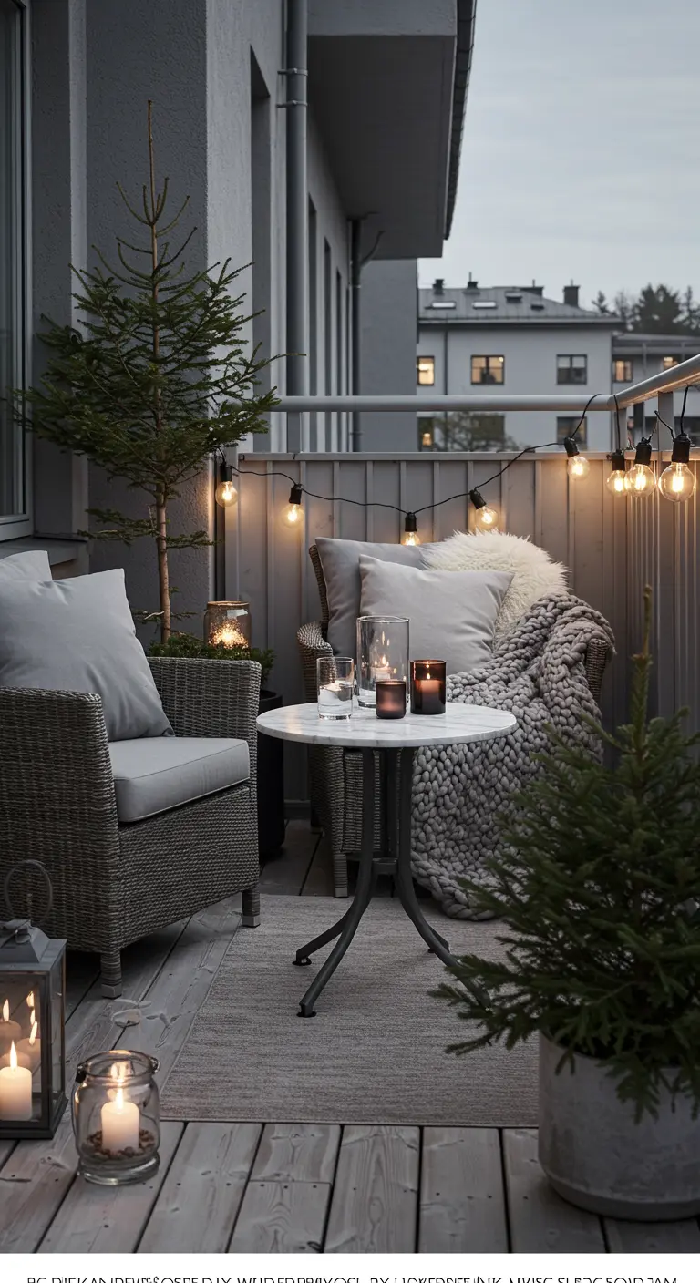 A cozy winter balcony with a small marble table, wicker chairs, blankets, and candles.