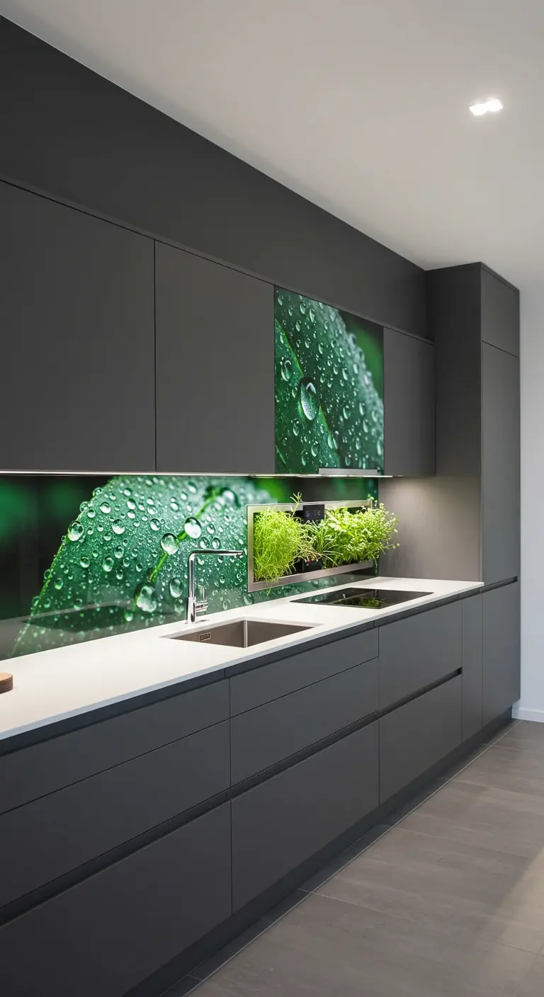 Minimalist gray kitchen with a backlit backsplash showing a close-up of a green leaf with water drops.