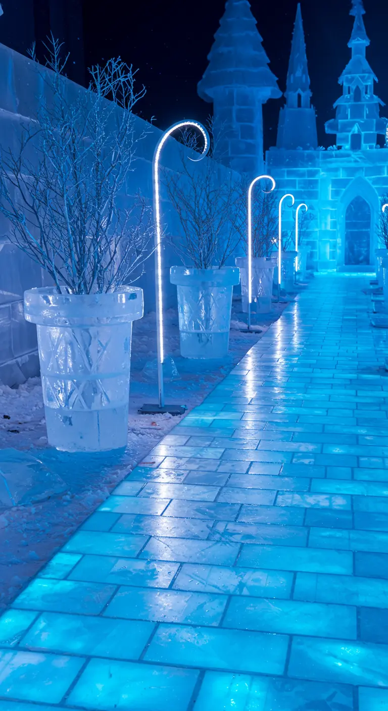 A path leading to an ice castle, lined with planters made of ice and neon lights.