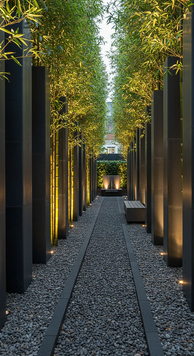 A narrow gravel path flanked by illuminated bamboo in tall, dark planters.