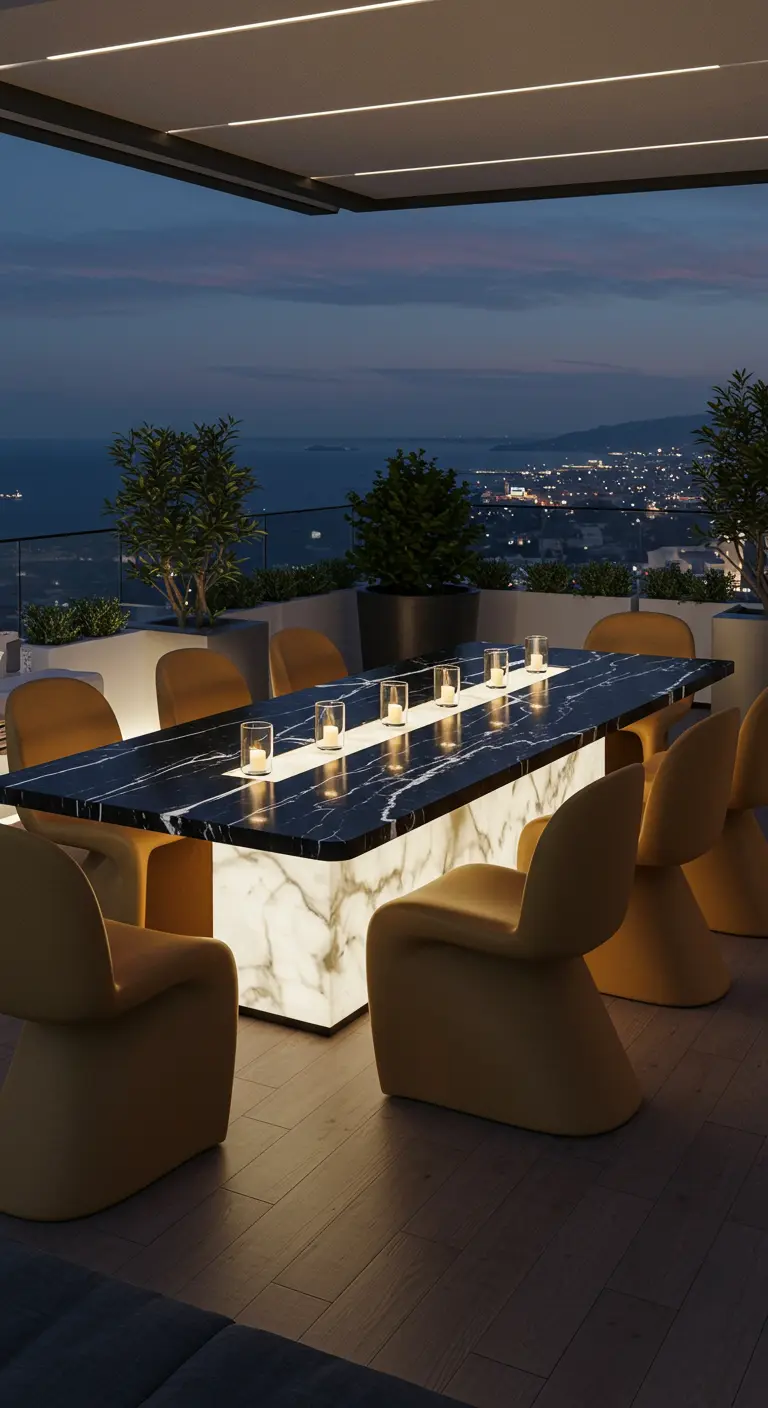 A modern dining table with an illuminated marble base, casting a glow on a rooftop at night.