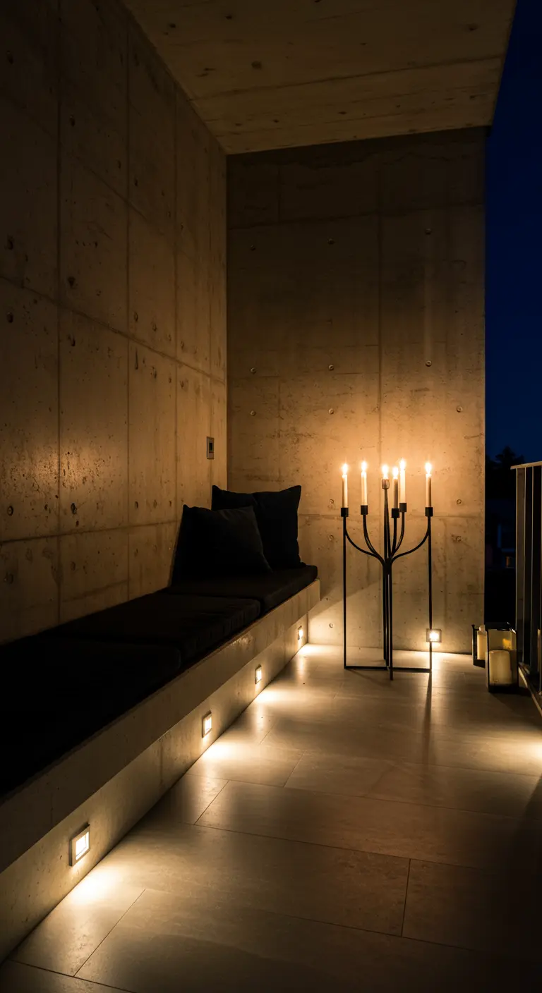 A minimalist balcony with a built-in concrete bench, illuminated by small lights embedded in the floor.