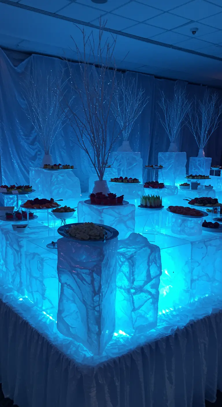 A buffet table with food displayed on glowing blue pedestals that look like blocks of ice.