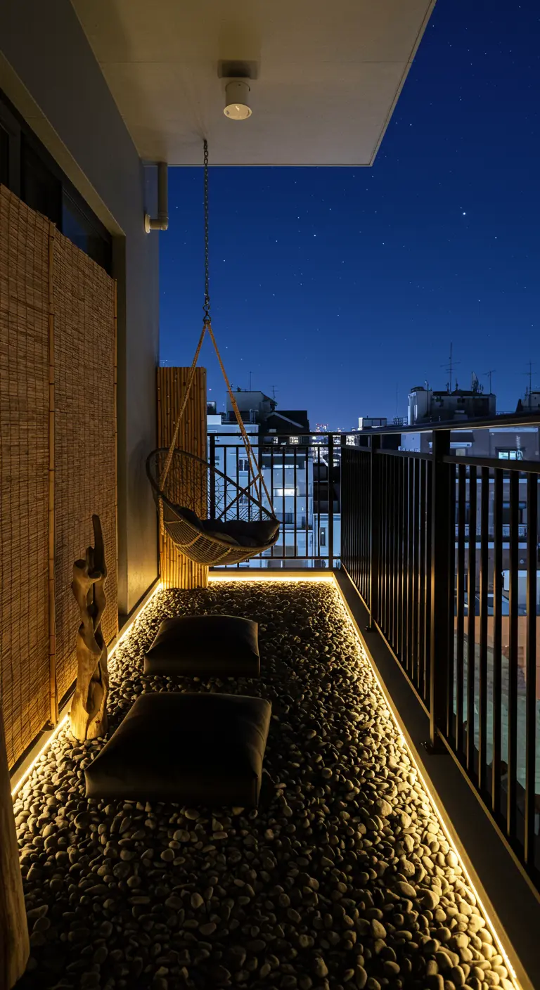 Balcony with glowing river stones lit by LED strips, floor cushions, and a hanging chair at night.