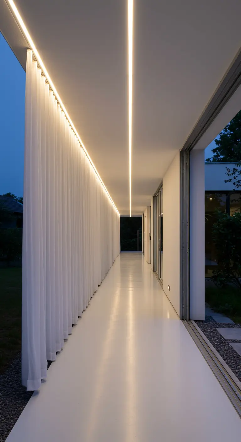 A long, white outdoor corridor with linear LED ceiling lights and sheer white curtains.