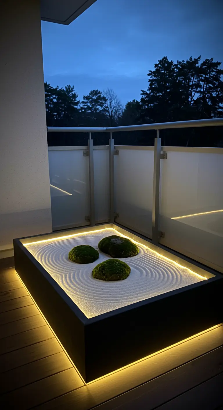 A shallow black box filled with white sand and mossy rocks, illuminated from its base.
