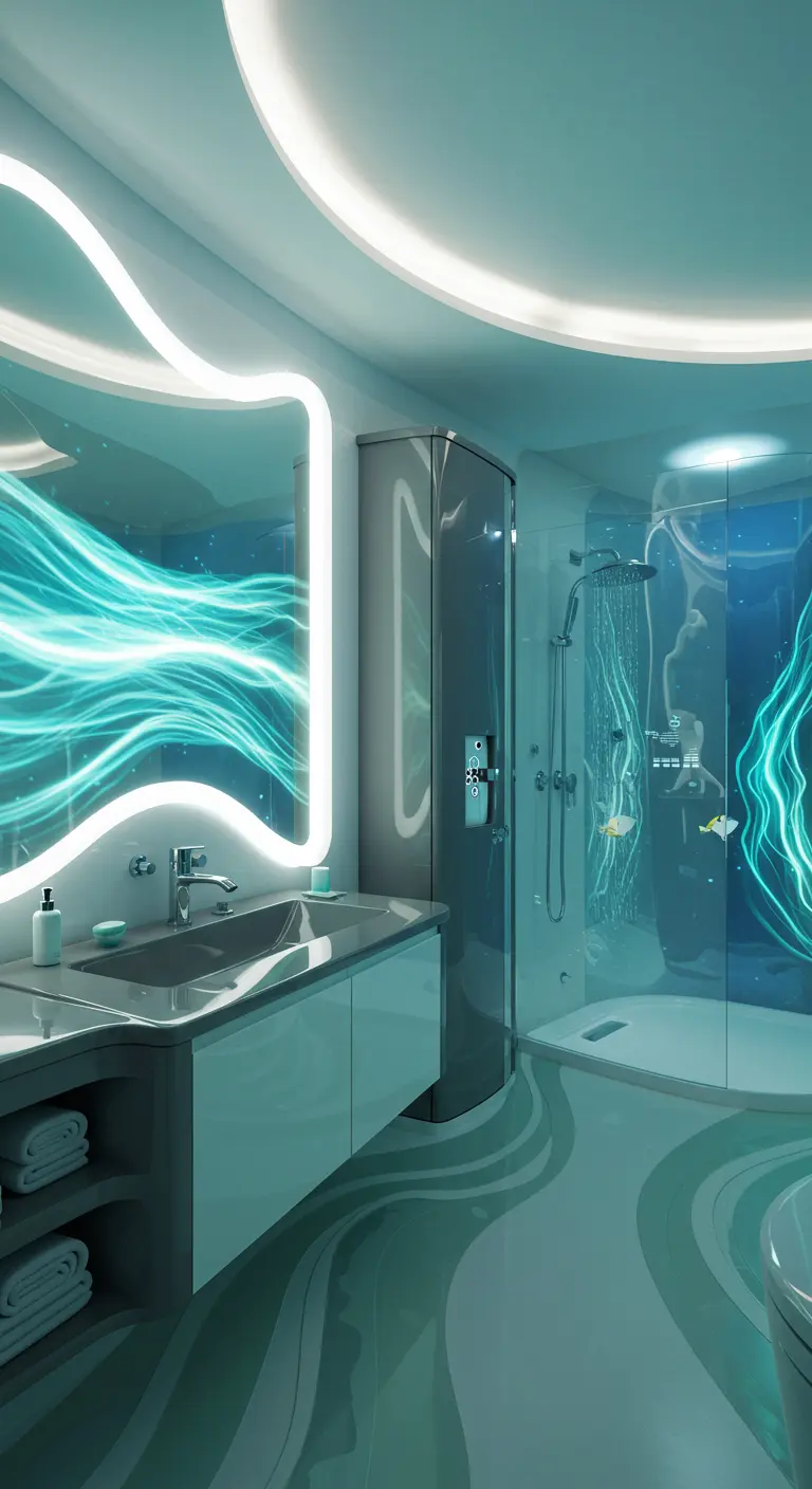 Futuristic bathroom with an aquatic theme and digital wall displays.