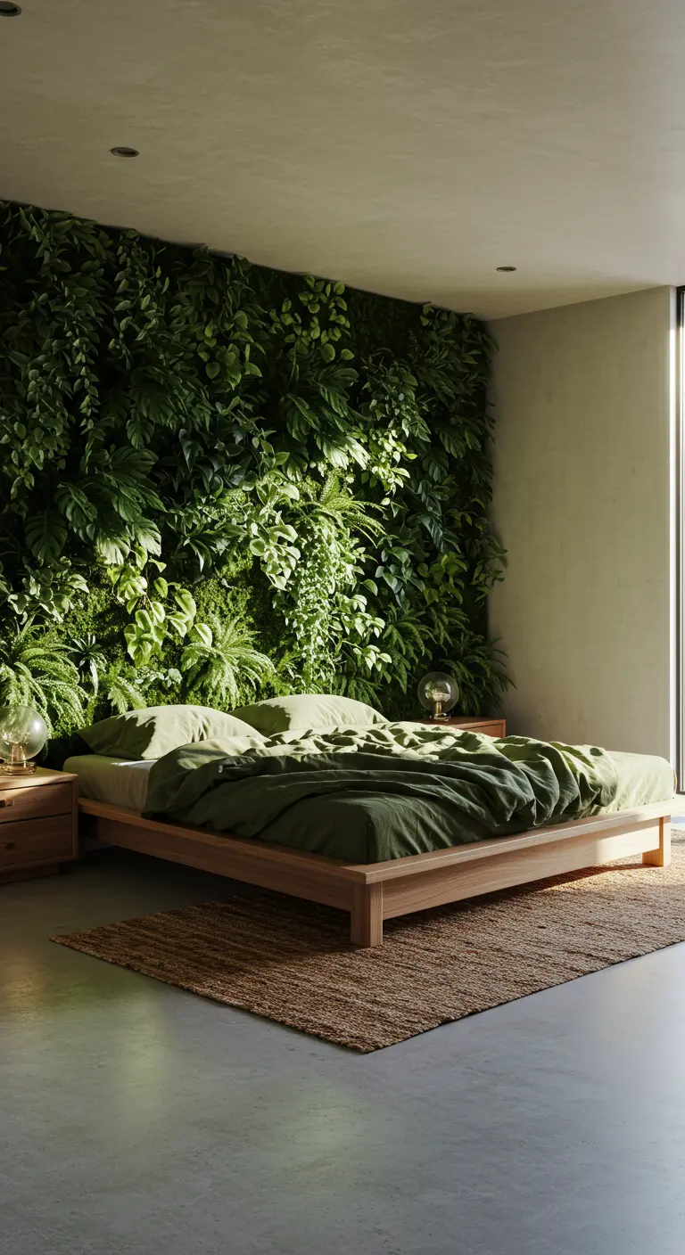 A minimalist bedroom with a full living green wall behind a low wooden bed.