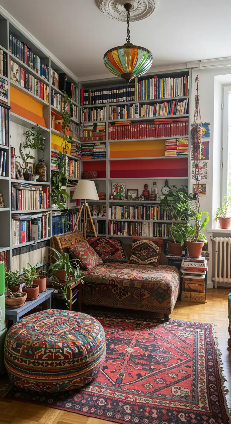 Bohemian living room filled with floor-to-ceiling bookshelves with colorful painted backs.