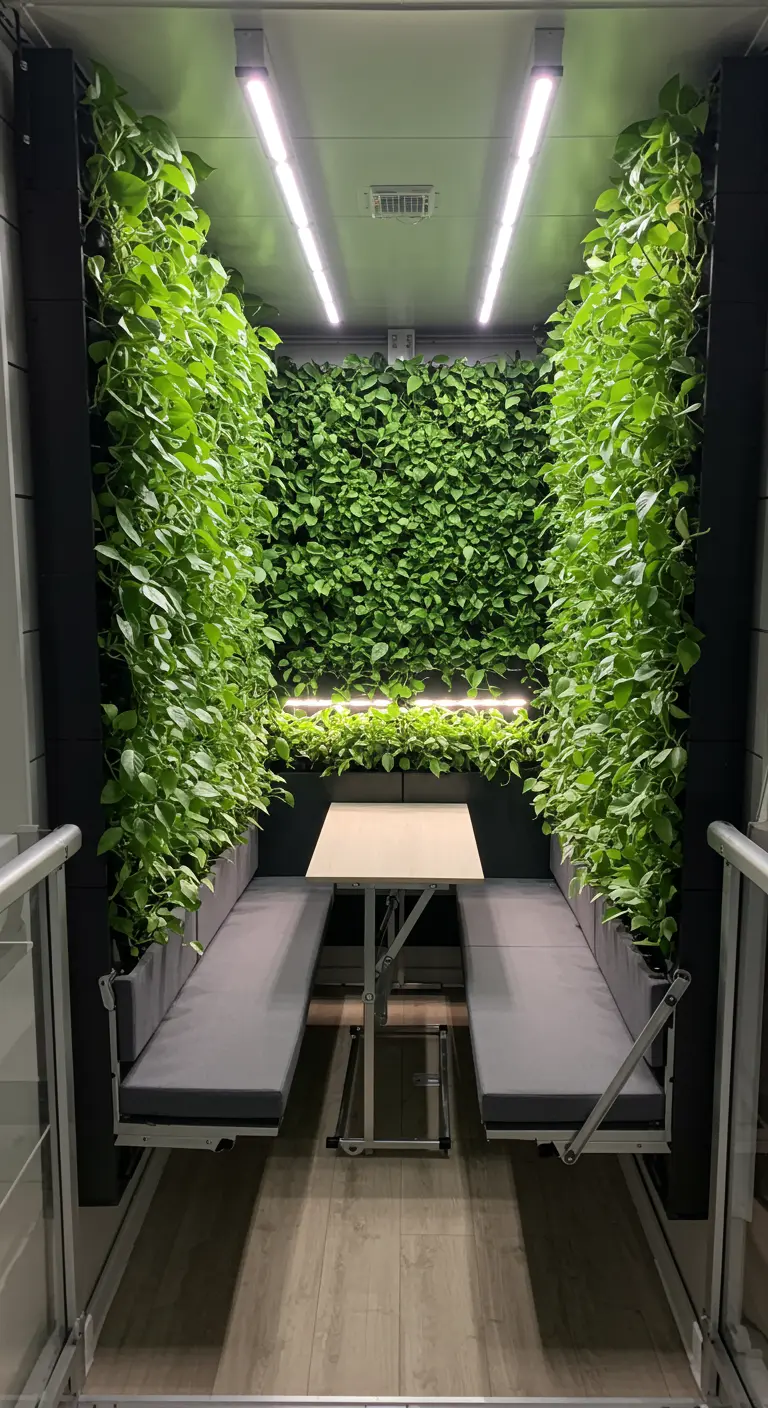 A narrow space with walls completely covered in green plants under grow lights.