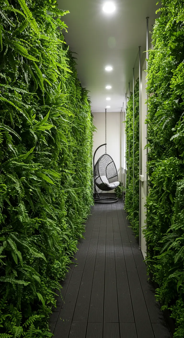 A narrow hallway-like balcony lined with dense fern walls, leading to a hanging egg chair.