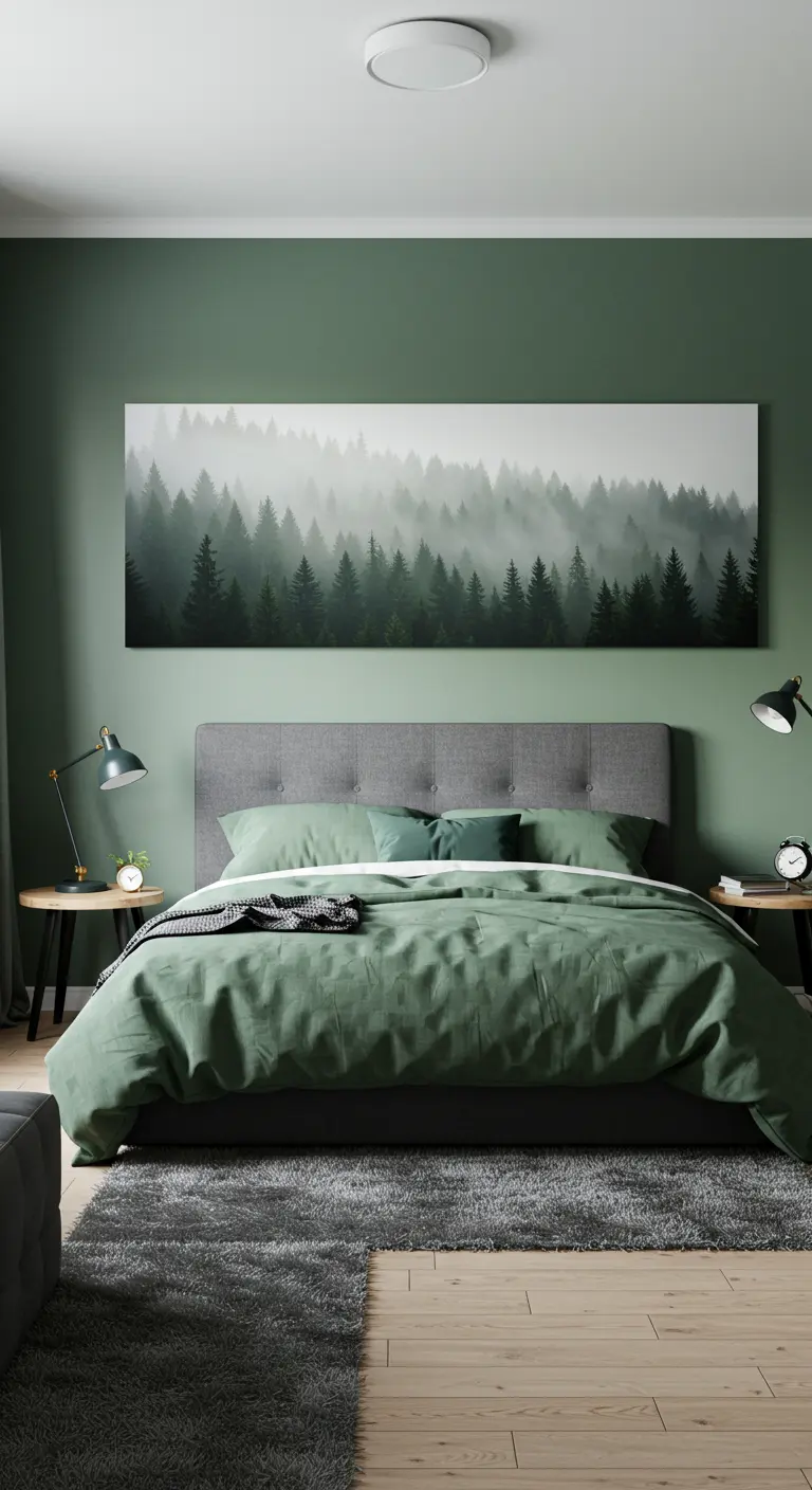 A serene green bedroom with a large panoramic canvas of a misty forest above the bed.