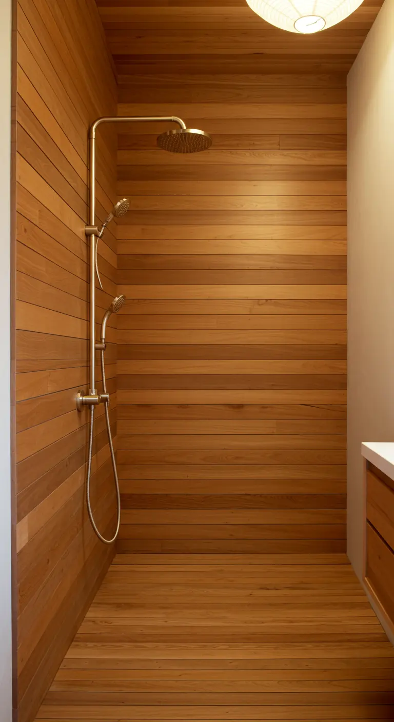 Walk-in shower completely clad in horizontal teak wood panels with a brass showerhead.