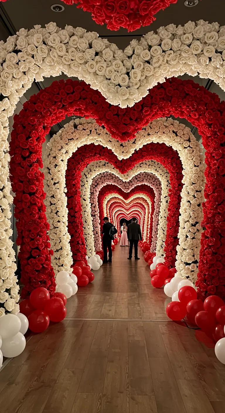 A long tunnel made of repeating red and white floral heart-shaped arches.