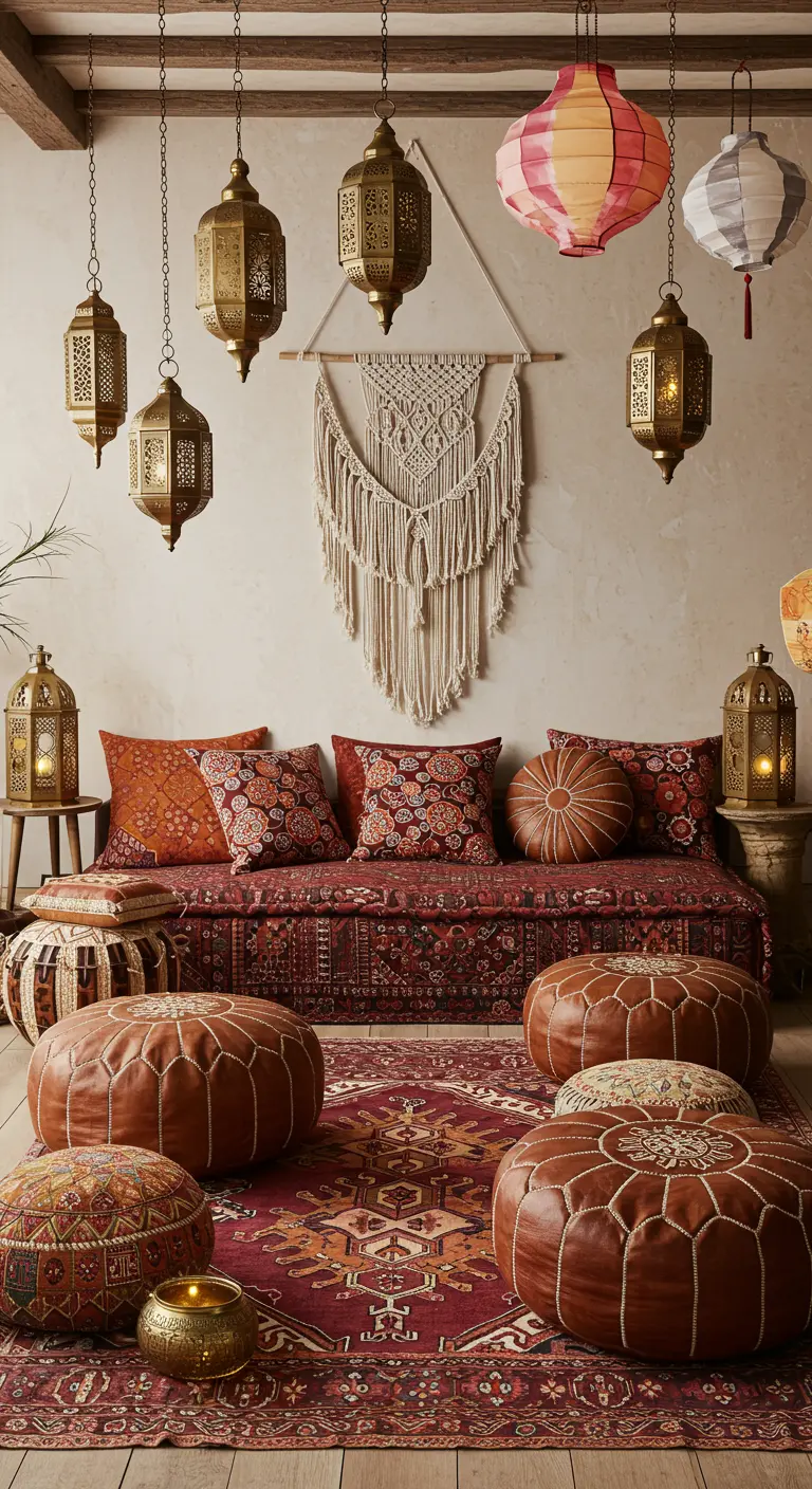 A covered balcony styled like a living room with a daybed, leather poufs, and lanterns.