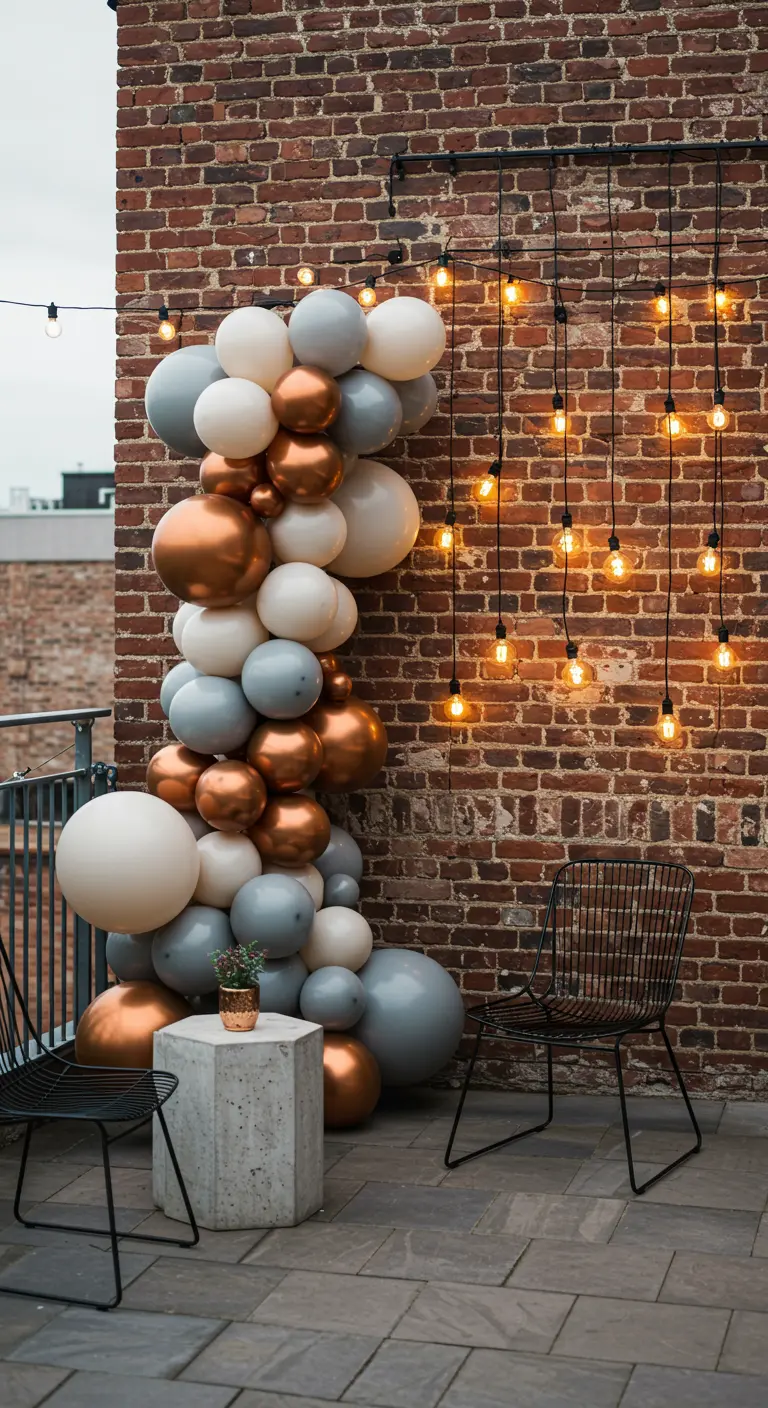A balloon column in copper, grey, and white against a brick wall with Edison bulbs hanging nearby.
