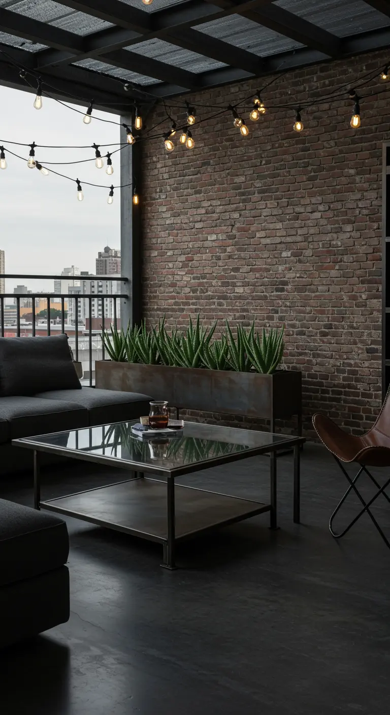 An industrial-style balcony with a brick wall, string lights, and a glass-topped coffee table.