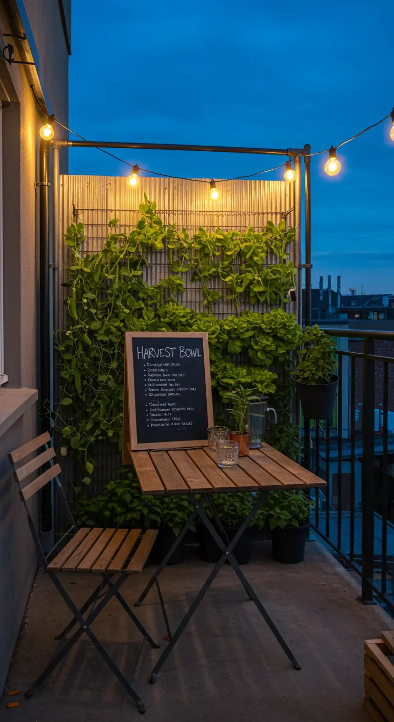 A balcony at dusk with a climbing green wall against a corrugated metal backdrop and Edison lights.