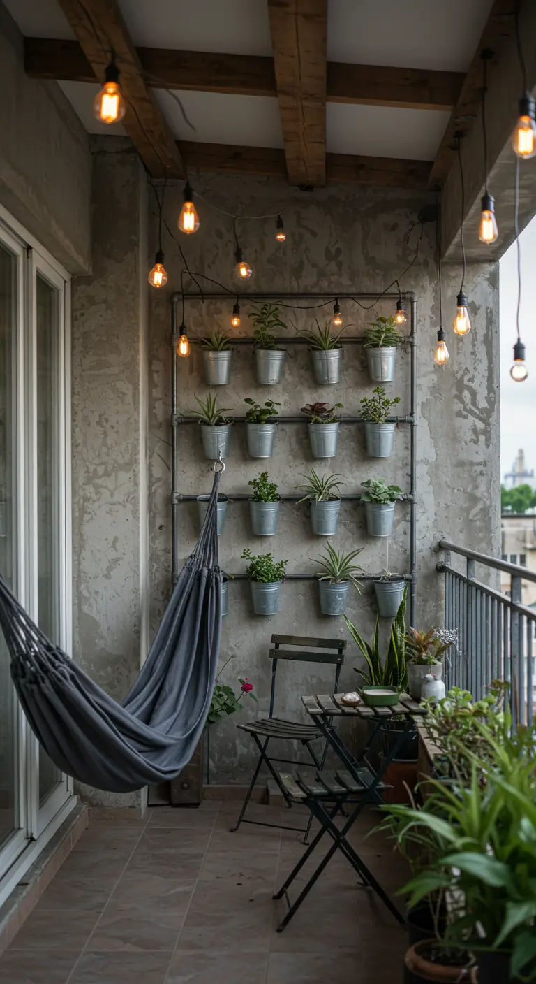 A balcony with concrete walls featuring a vertical planter made of industrial pipes and a grey hammock.