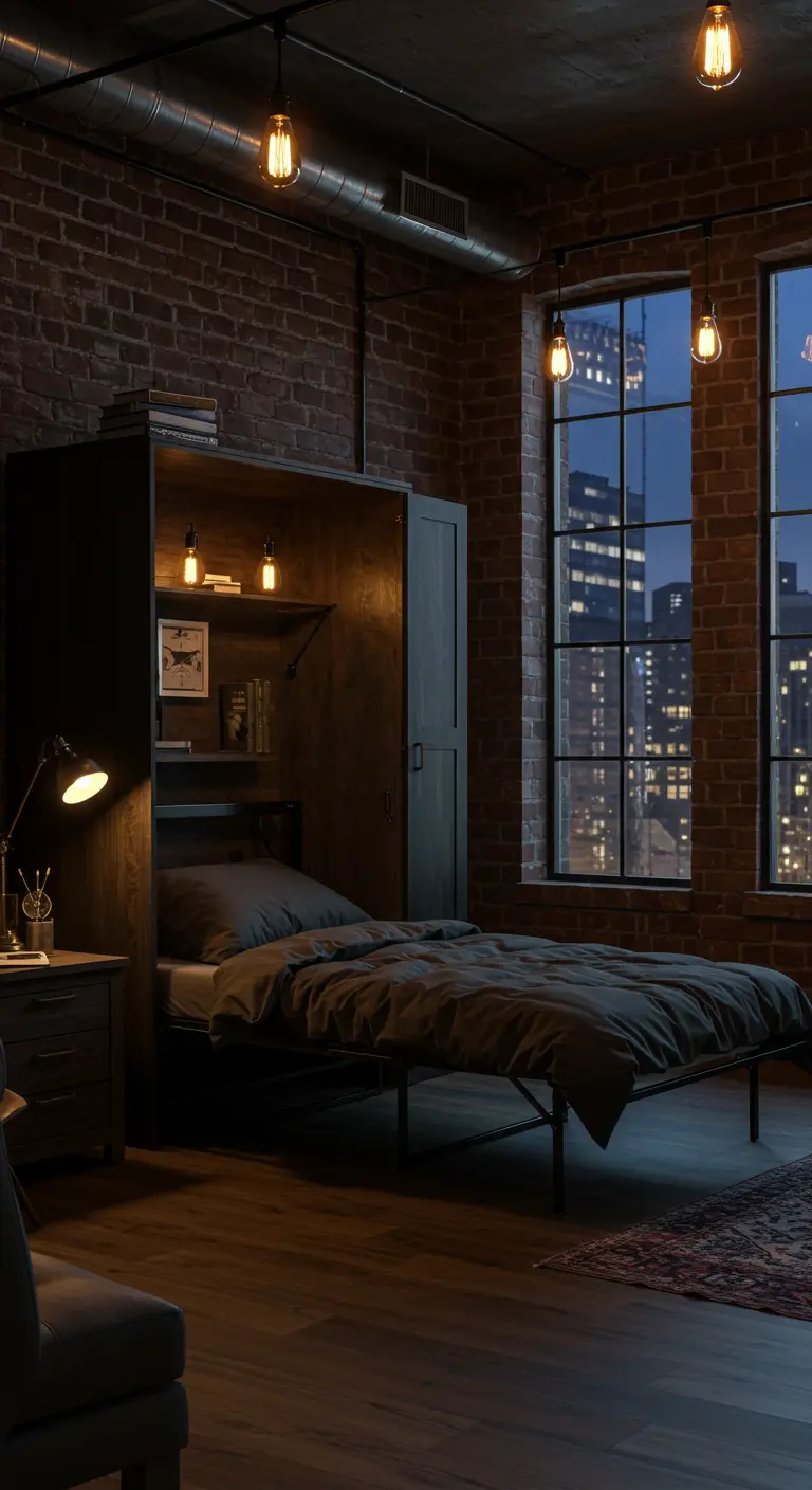 A fold-out bed in a dark wood unit against a brick wall in a loft.