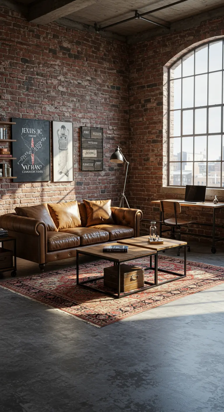 An industrial loft with a leather sofa, brick wall, and mobile wooden desk.
