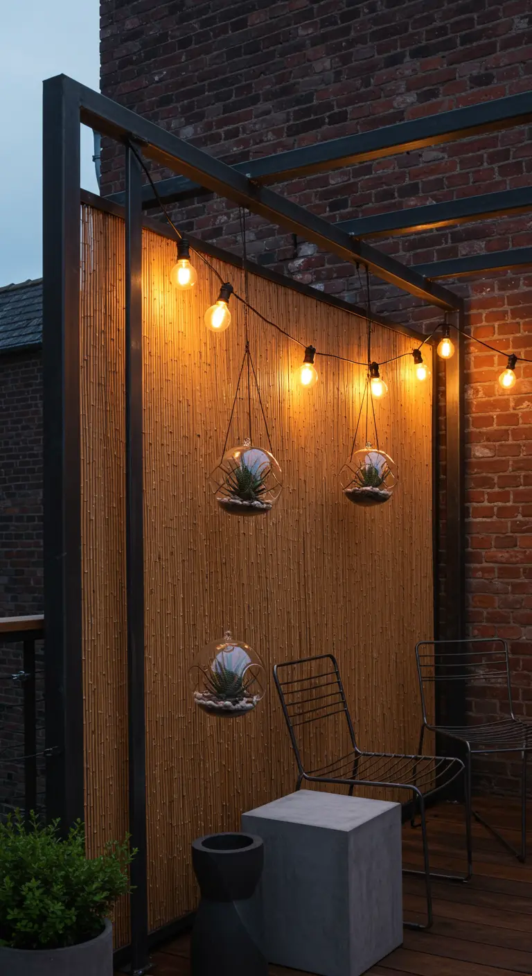 A bamboo screen in a black metal frame on a rooftop deck with wire chairs and string lights.