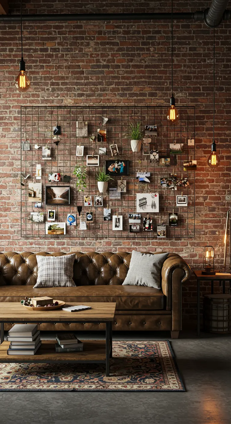 A wire grid on a brick wall displays photos and plants above a leather sofa.