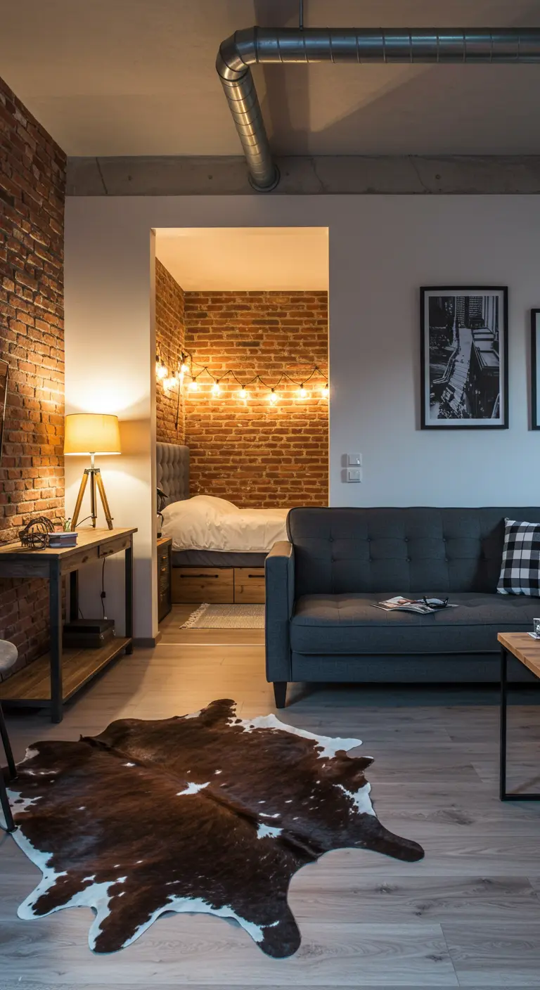 Industrial studio with a brick-walled sleeping nook and a defined living space.