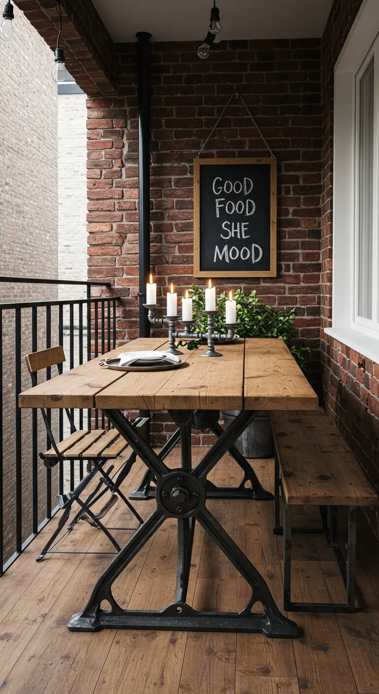 A balcony dining area with an industrial table, brick wall, and a hanging chalkboard sign.
