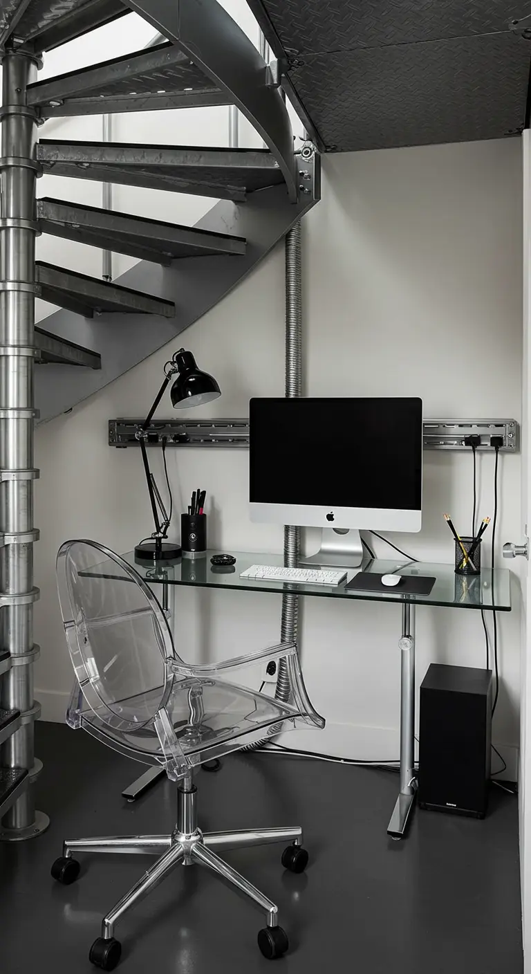 A modern office under a metal spiral staircase with a glass desk and clear acrylic chair.