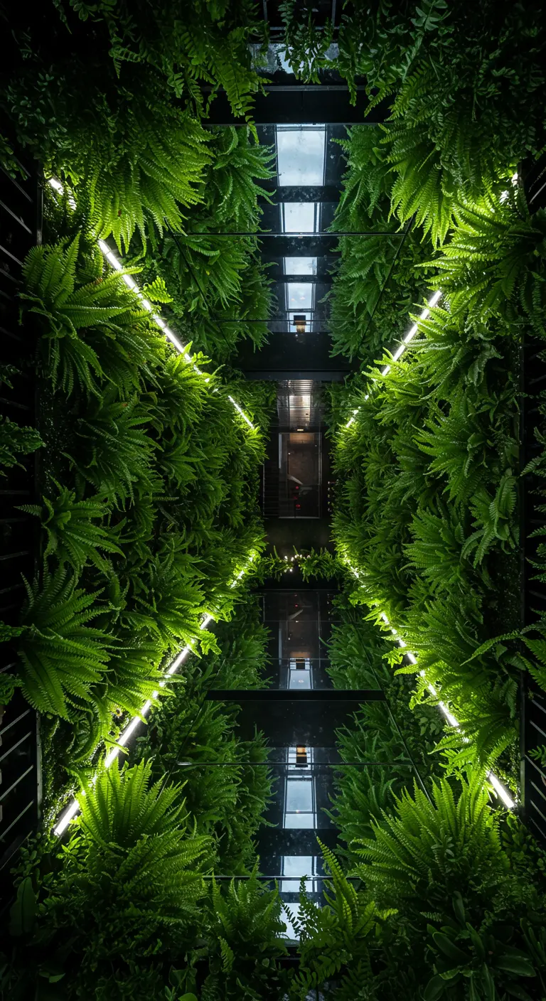 Looking up at a mirrored ceiling that reflects fern walls and geometric lights, creating a kaleidoscope effect.