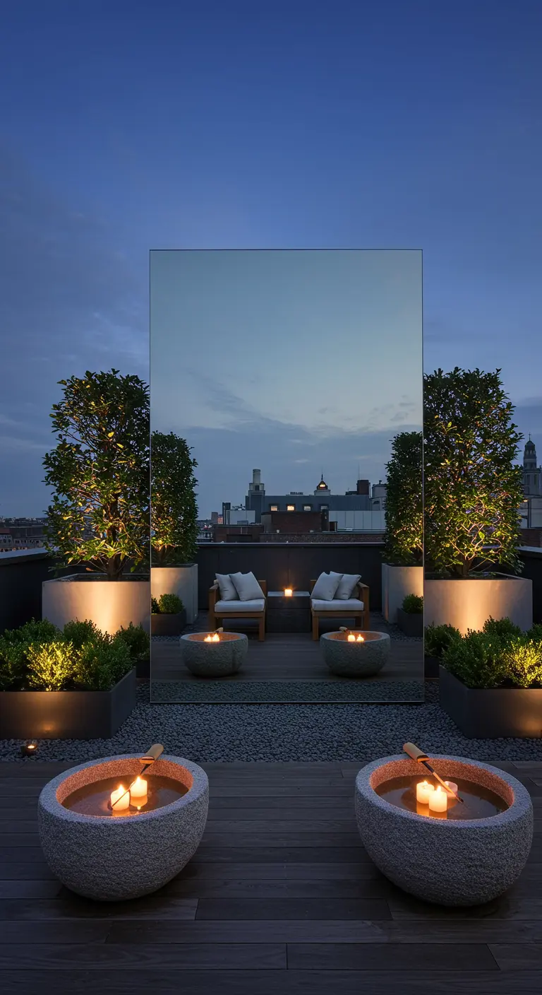 A large mirror on a rooftop reflects the garden, creating an illusion of a larger space.