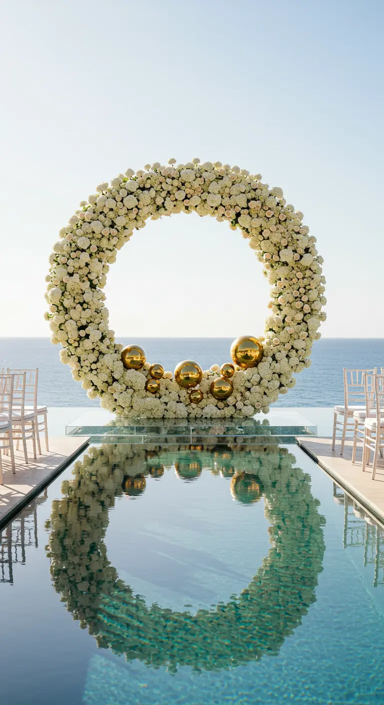 A circular white flower wreath with gold spheres, set up by an infinity pool with an ocean view.