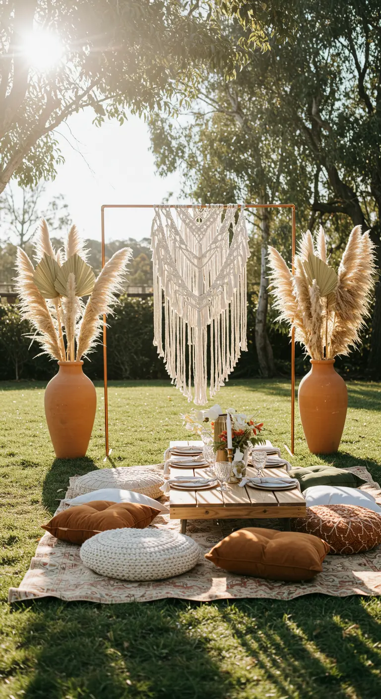 Boho picnic setup with a macramé backdrop, low table, and floor cushions on a sunny lawn.