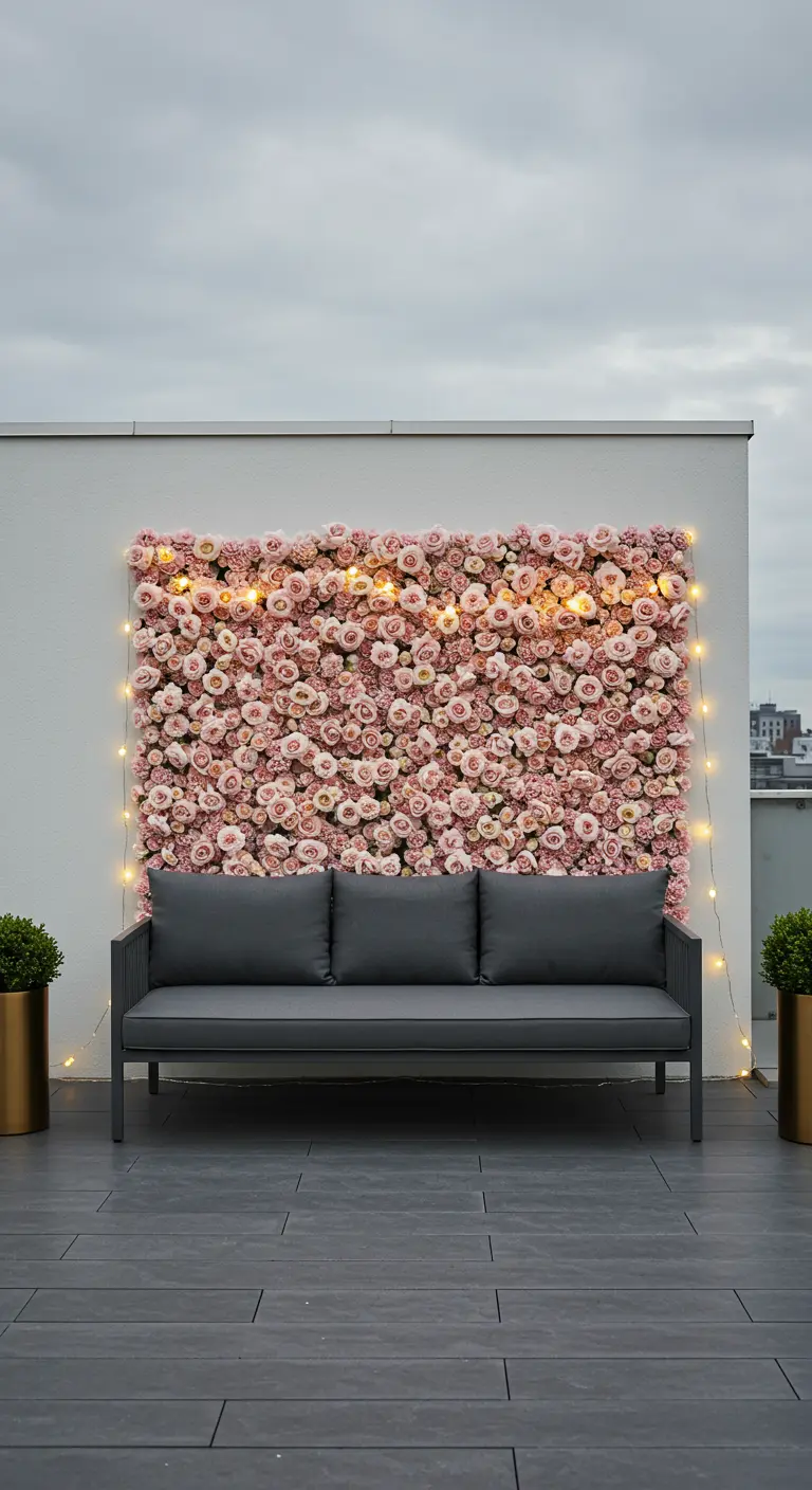 A sleek grey sofa in front of a dense wall of faux pink roses dotted with tiny lights on a rooftop.