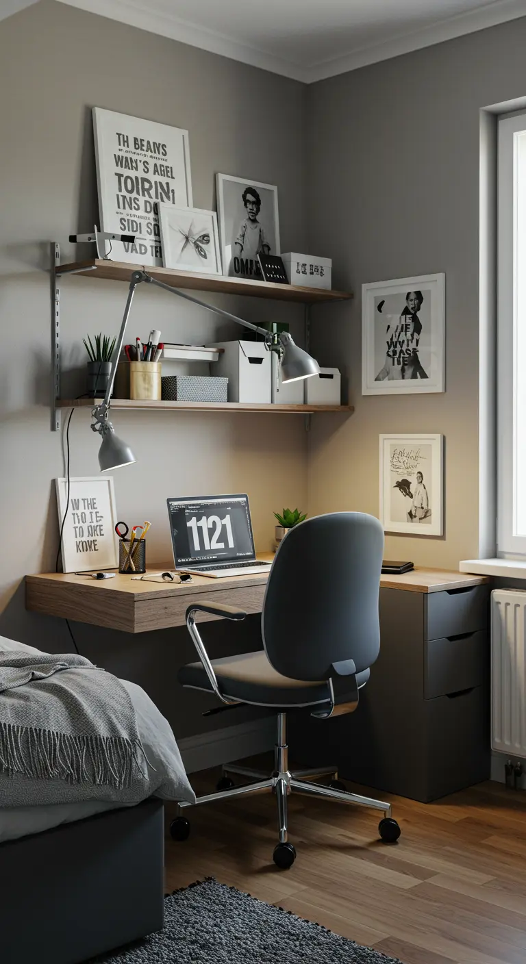 Compact workspace in a bedroom corner with a wall-mounted desk and an articulating lamp.