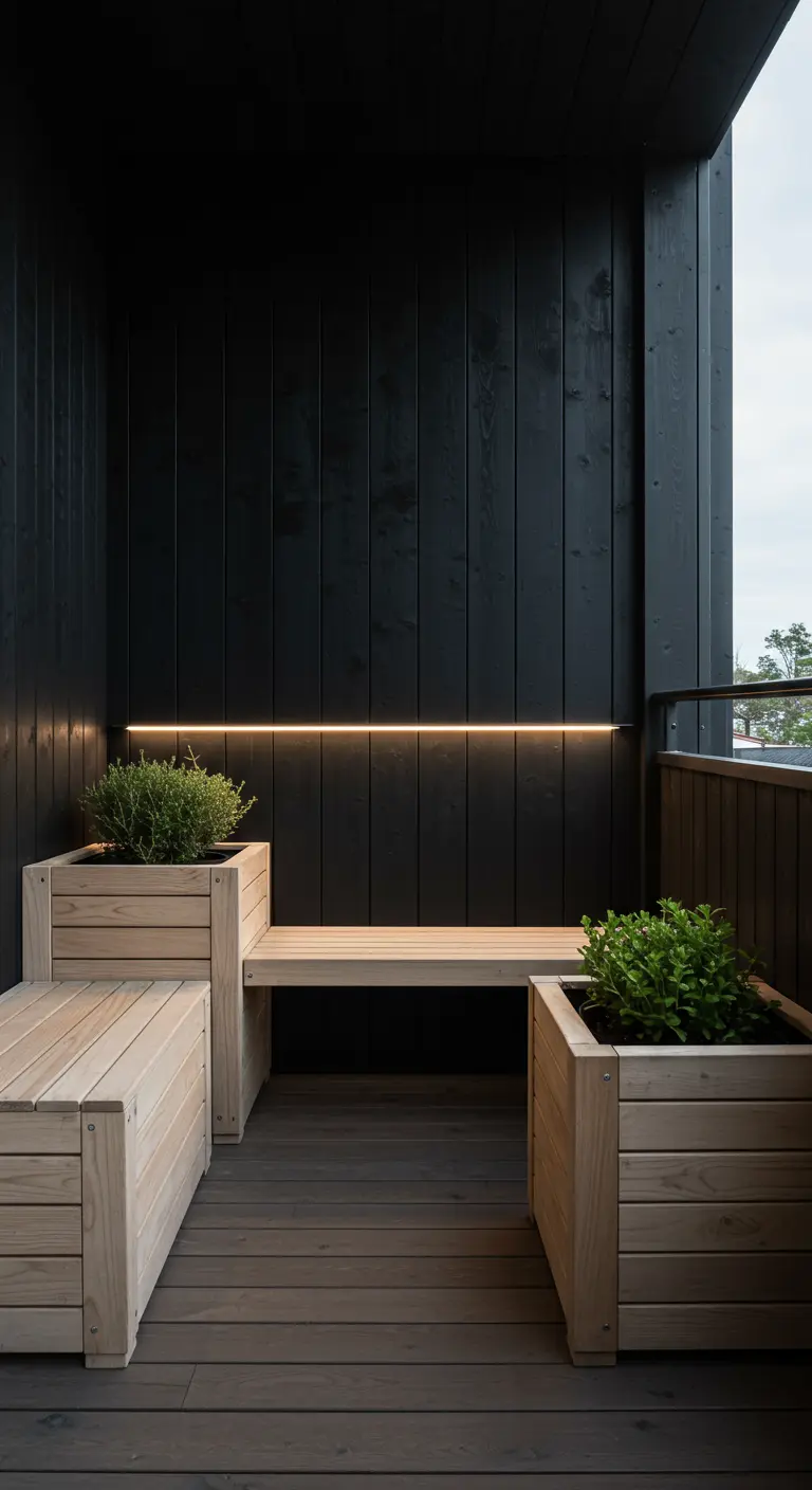 A minimalist balcony with black walls and custom light wood planter-benches with integrated lighting.