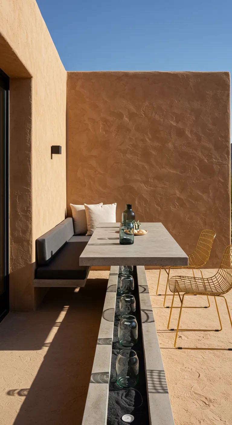 A modern concrete dining table with a built-in trough in the center, filled with candles.