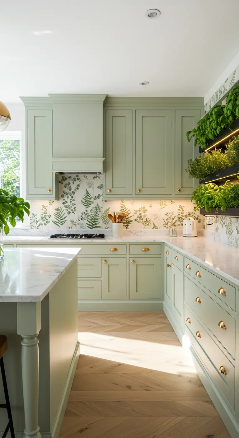 Sage green kitchen cabinets with a fern-print backsplash and a wall-mounted herb garden.