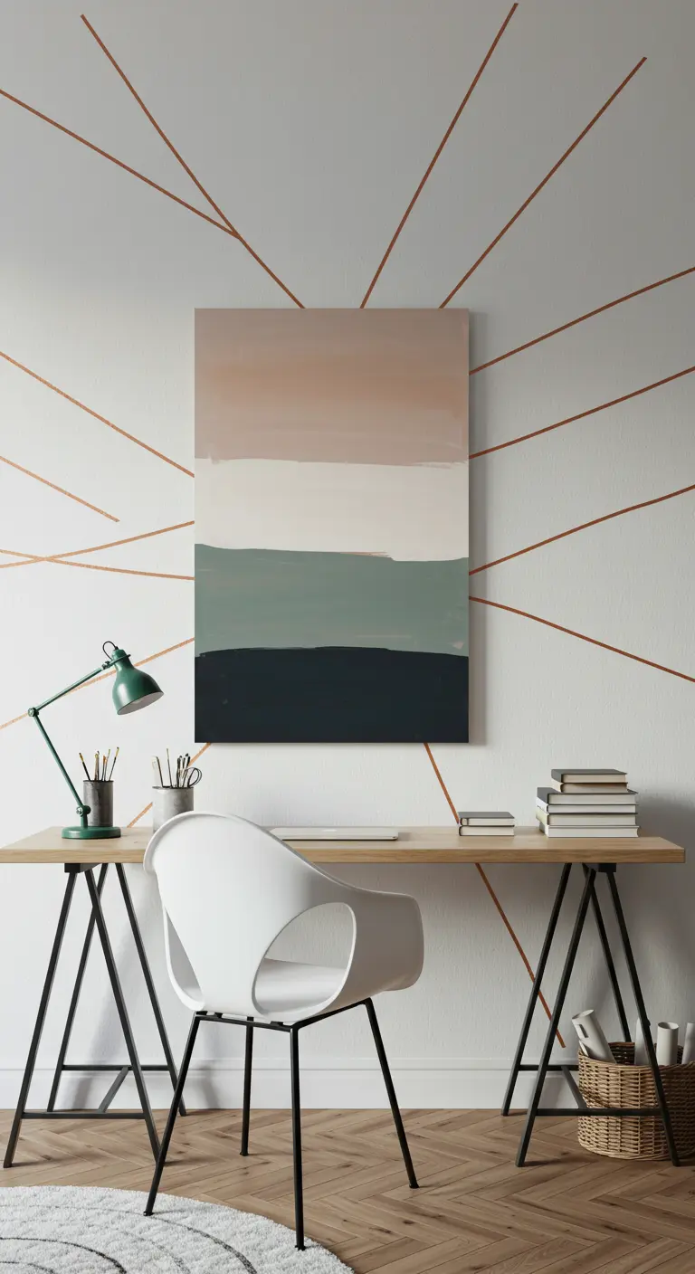 A desk with an abstract painting; thin copper washi tape lines run across the white wall.