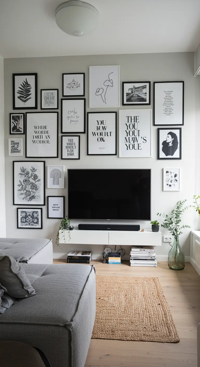 A gallery wall of black and white art arranged around a wall-mounted television.