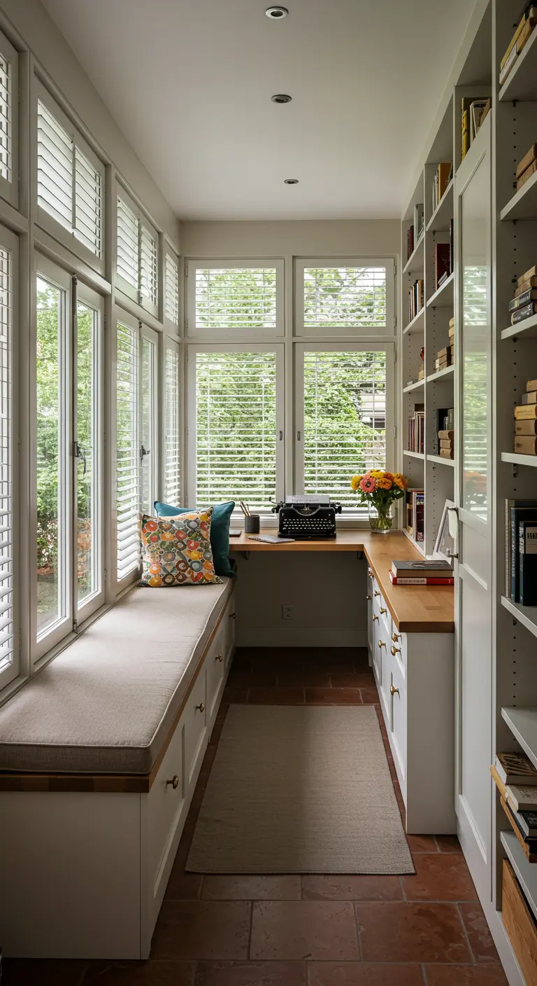 A long home office with a window seat bench extending from the desk area and white built-ins.
