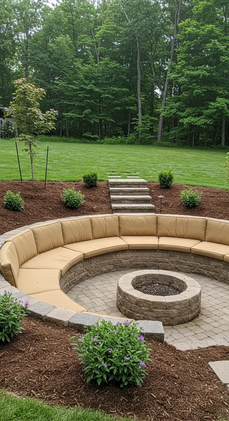 A curved stone bench with cushions serves as seating around a matching stone fire pit.