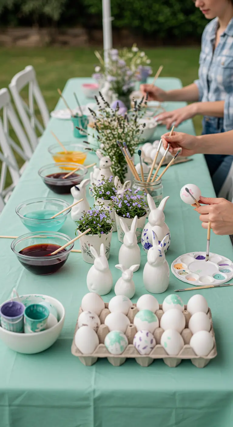 An Easter egg decorating station with bowls of dye and paintbrushes.