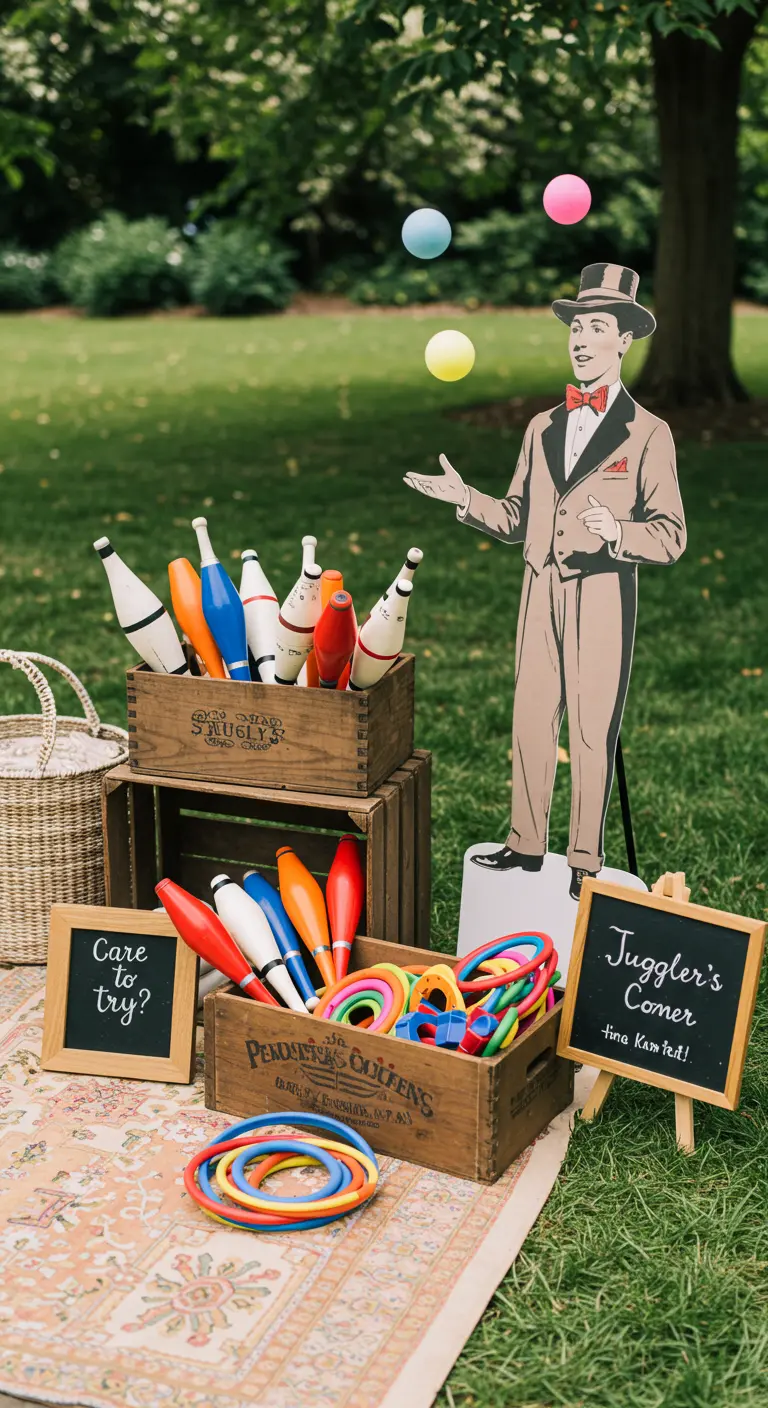 A 'Juggler's Corner' with vintage crates of props and a ringmaster cutout.
