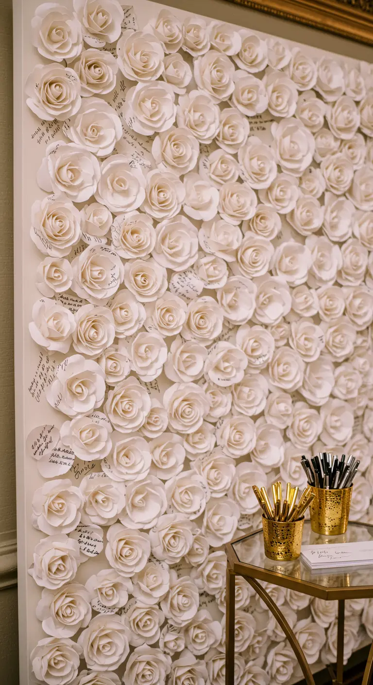 A guest book made from a wall of white paper roses with messages written on them.