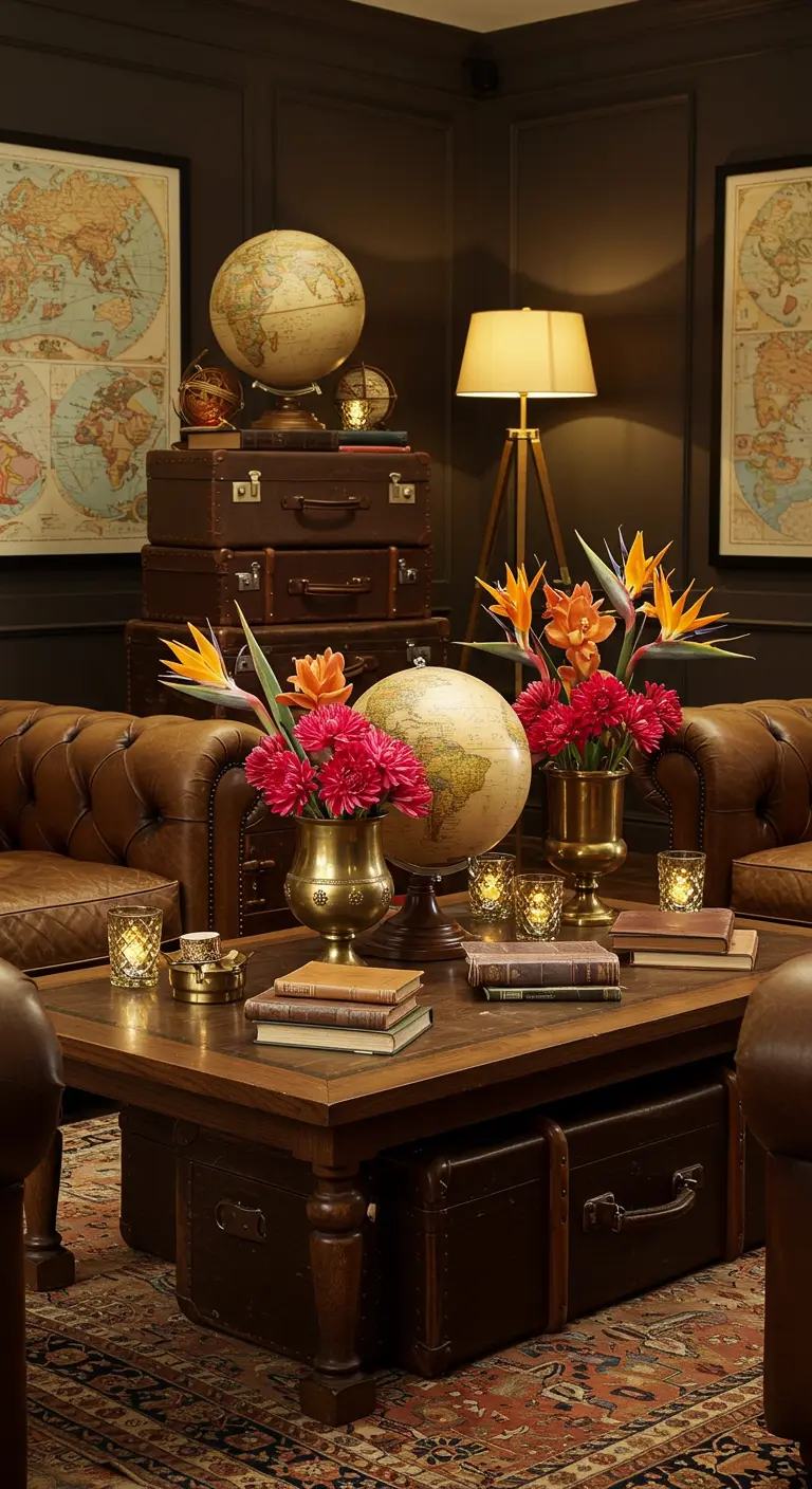 A cozy lounge with leather sofas, stacked suitcases, globes, and books.
